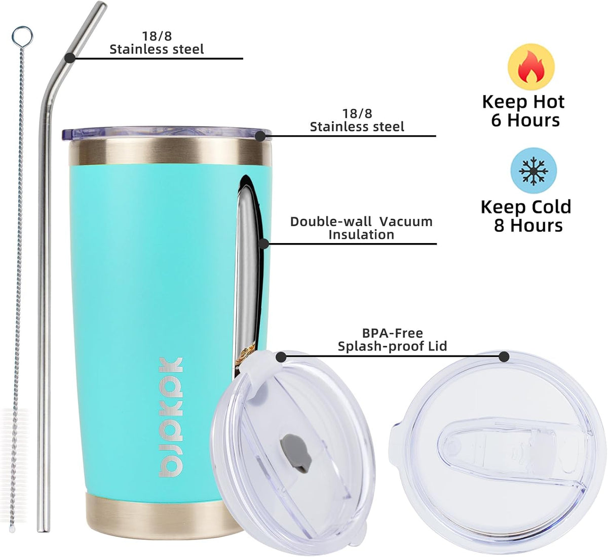 20 oz Coffee Tumbler with Lid & Straw, Insulated Stainless Steel Mug - Colors A