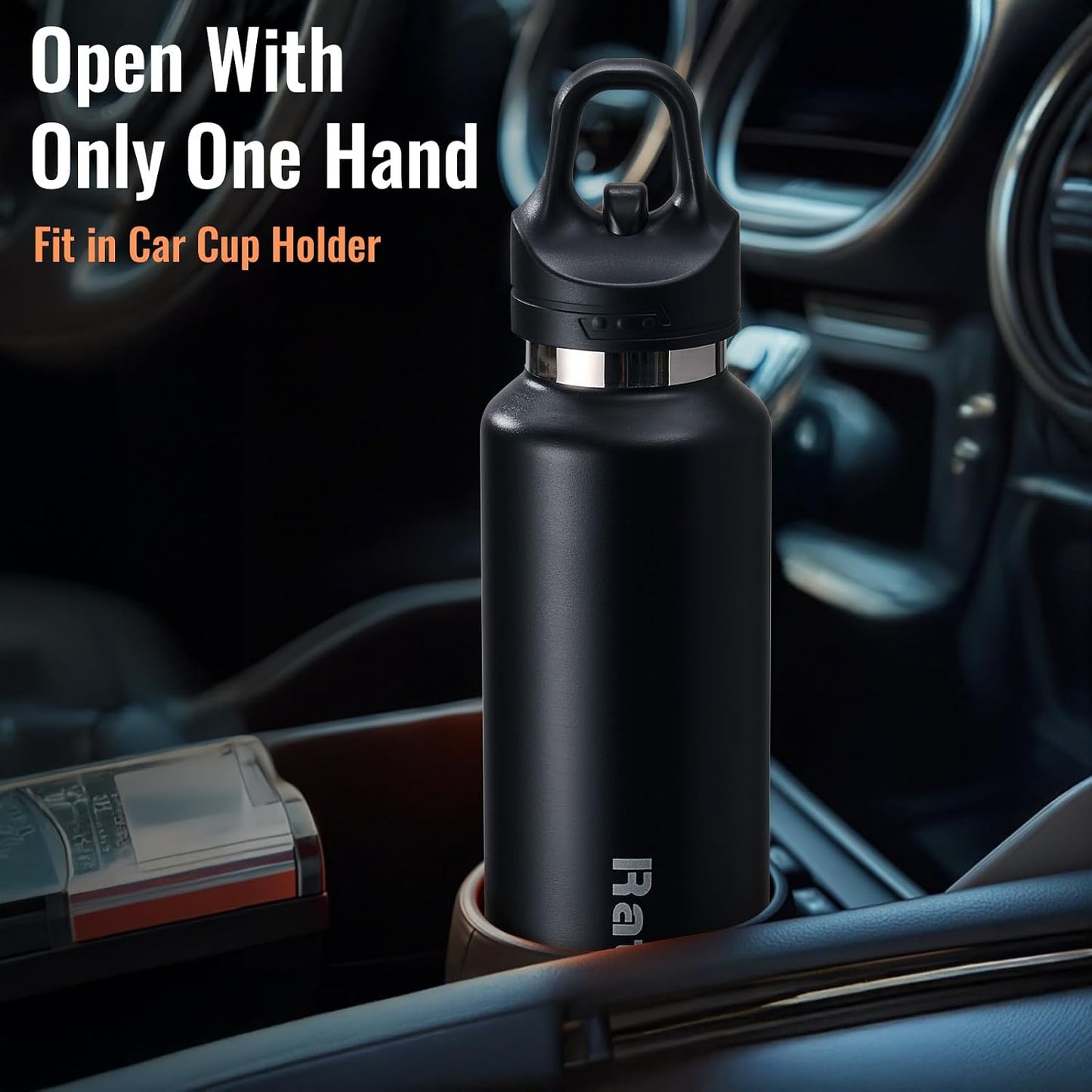 Insulated Water Bottle for Men, 21.6 oz Leak-Proof Tumbler, Black | One-touch lid opens one-handed; stainless steel travel water bottle for women fits cup holders during workouts and cycling