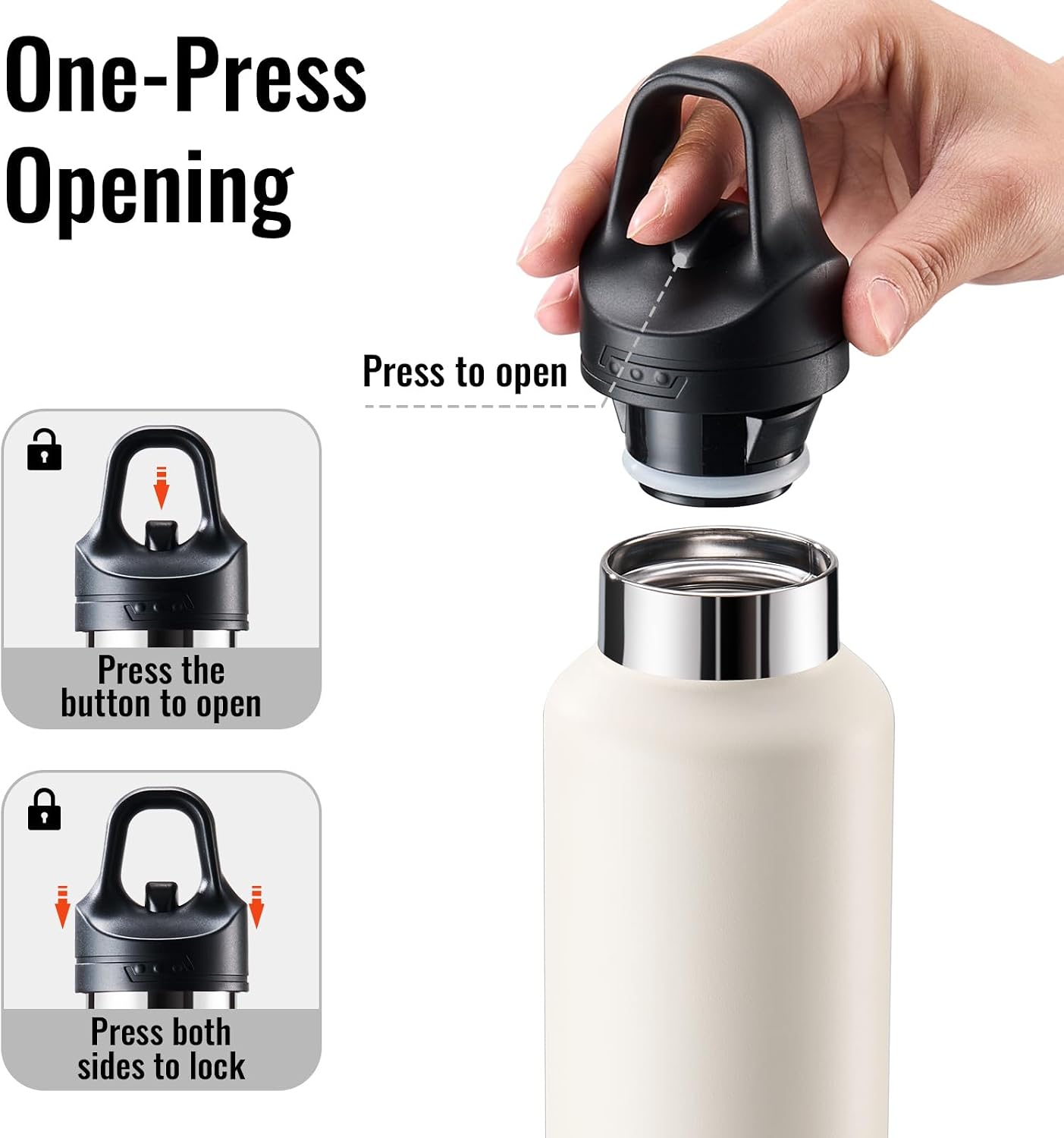 Insulated Water Bottle for Men, 21.6 oz Leak-Proof Tumbler, Black | One-touch lid opens one-handed; stainless steel travel water bottle for women fits cup holders during workouts and cycling