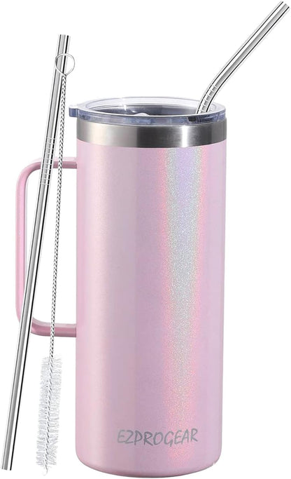 40oz Insulated Tumbler with Handle, Rose Gold | Stainless Steel, Double Wall Vacuum Insulated, Includes Lid & Straws, BPA Free