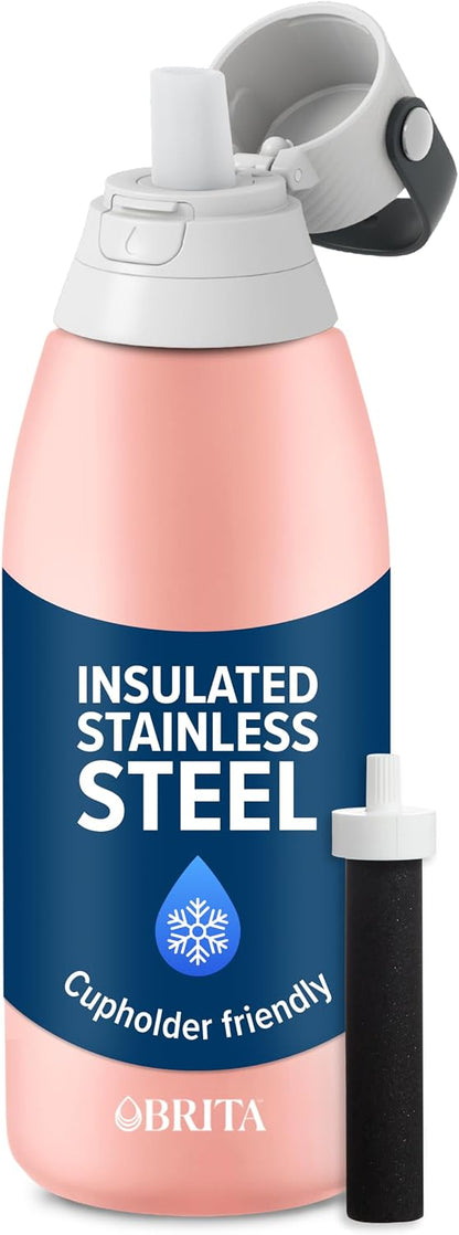 Stainless Steel Premium Filtering Water Bottle, BPA-Free, Reusable, Insulated, Replaces 300 Plastic Water Bottles, Filter Lasts 2 Months or 40 Gallons, Includes 1 Filter, Rose - 32 oz