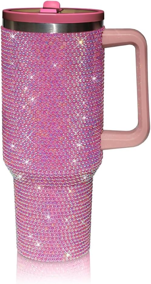 40 Oz Rhinestone Tumbler with Handle and Flip Straw | Insulated Stainless Steel Double Layer Bling Tumbler | Leak Proof Glitter Tumbler for Women | Reusable 1200ml Travel Bling Cups Pink