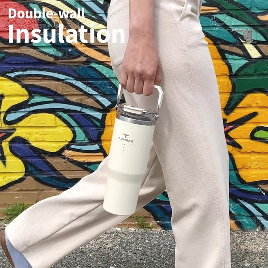 Samsta 20oz Insulated Tumbler, White Cream | Leak-Proof, Dual-Lid Design, Straw & Handle, Double Wall Stainless Steel, For Hot & Cold Drinks