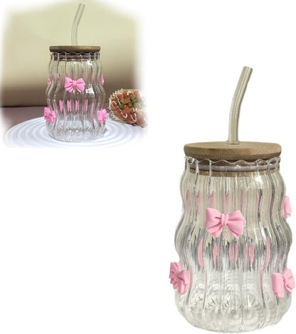 Aesthetic Glass Cups With Lids and Straws, Clear glass Cups With Pink Bow Iced Coffee Cup Decor, Iced Coffee Cups With Lids Reusable, Tumbler With Handle for Home Or Office Use (Pink-1pc)
