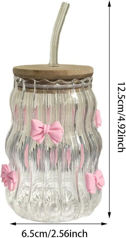 Aesthetic Glass Cups With Lids and Straws, Clear glass Cups With Pink Bow Iced Coffee Cup Decor, Iced Coffee Cups With Lids Reusable, Tumbler With Handle for Home Or Office Use (Pink-1pc)