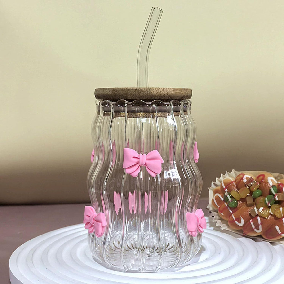 Aesthetic Glass Cups With Lids and Straws, Clear glass Cups With Pink Bow Iced Coffee Cup Decor, Iced Coffee Cups With Lids Reusable, Tumbler With Handle for Home Or Office Use (Pink-1pc)