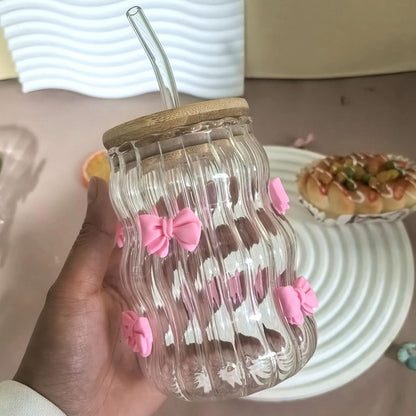 Aesthetic Glass Cups With Lids and Straws, Clear glass Cups With Pink Bow Iced Coffee Cup Decor, Iced Coffee Cups With Lids Reusable, Tumbler With Handle for Home Or Office Use (Pink-1pc)