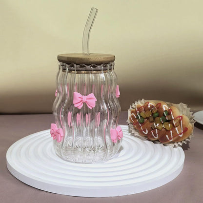 Aesthetic Glass Cups With Lids and Straws, Clear glass Cups With Pink Bow Iced Coffee Cup Decor, Iced Coffee Cups With Lids Reusable, Tumbler With Handle for Home Or Office Use (Pink-1pc)