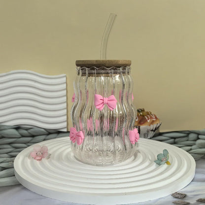 Aesthetic Glass Cups With Lids and Straws, Clear glass Cups With Pink Bow Iced Coffee Cup Decor, Iced Coffee Cups With Lids Reusable, Tumbler With Handle for Home Or Office Use (Pink-1pc)