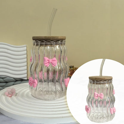 Aesthetic Glass Cups With Lids and Straws, Clear glass Cups With Pink Bow Iced Coffee Cup Decor, Iced Coffee Cups With Lids Reusable, Tumbler With Handle for Home Or Office Use (Pink-1pc)