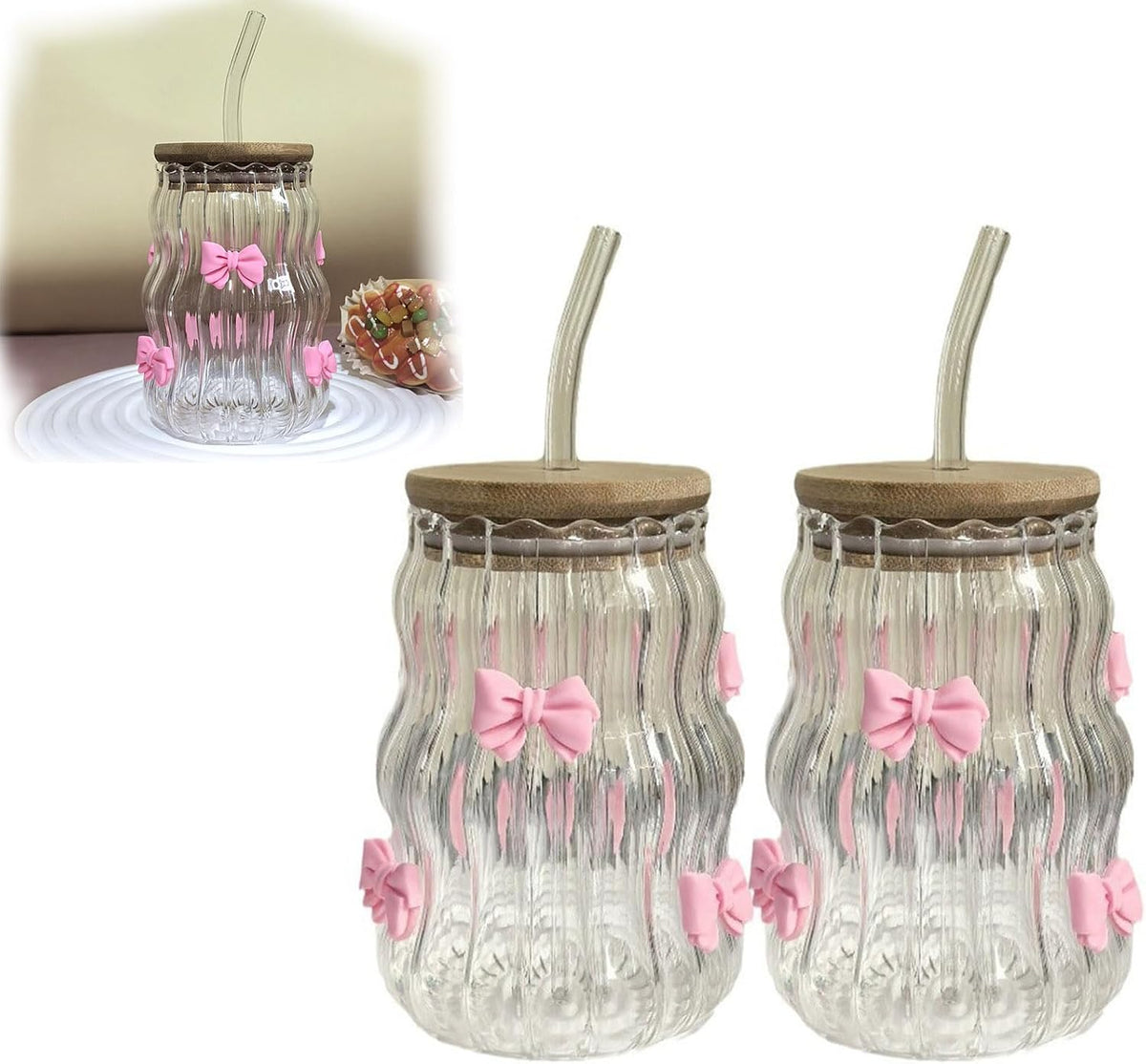 Aesthetic Glass Cups With Lids and Straws, Clear glass Cups With Pink Bow Iced Coffee Cup Decor, Iced Coffee Cups With Lids Reusable, Tumbler With Handle for Home Or Office Use (Pink-1pc)