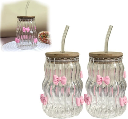 Aesthetic Glass Cups With Lids and Straws, Clear glass Cups With Pink Bow Iced Coffee Cup Decor, Iced Coffee Cups With Lids Reusable, Tumbler With Handle for Home Or Office Use (Pink-1pc)