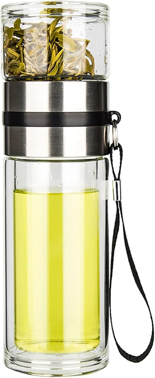 Tea Infuser Bottle,13 OZ/380ML Double Wall Glass, Leakproof