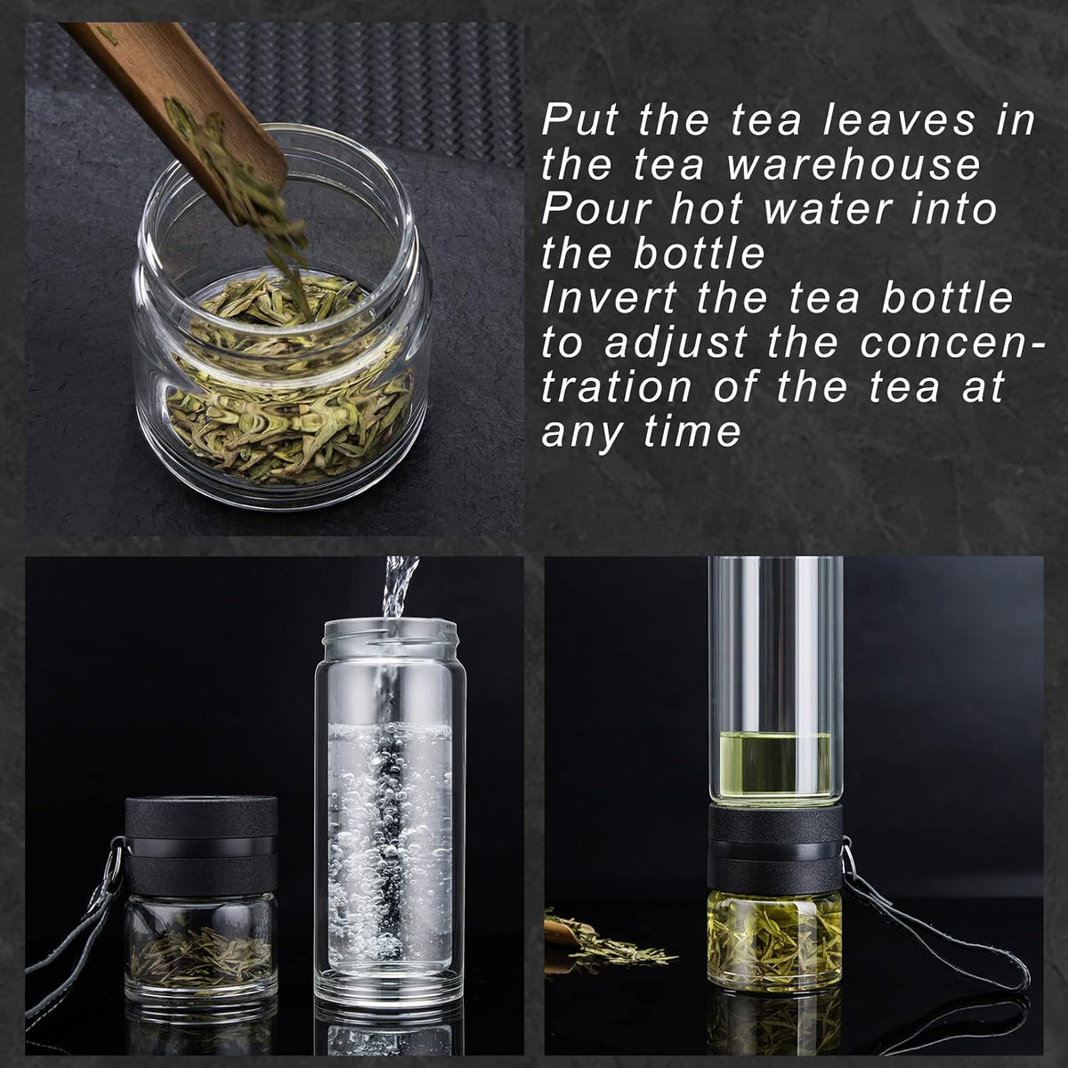 Tea Infuser Bottle,13 OZ/380ML Double Wall Glass, Leakproof