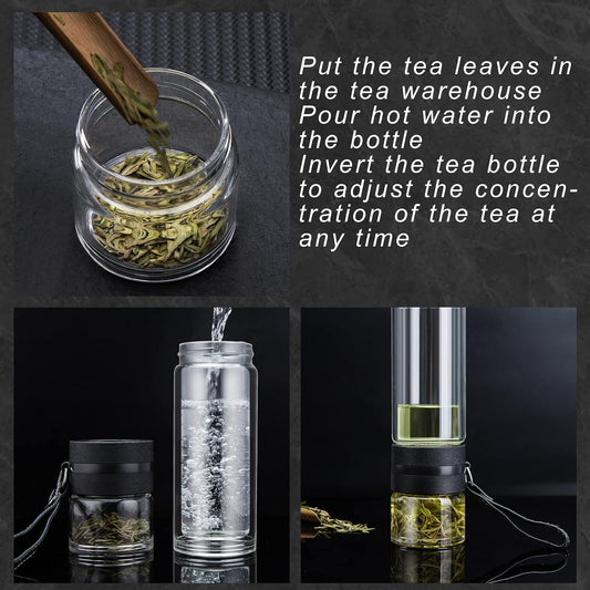Tea Infuser Bottle,13 OZ/380ML Double Wall Glass, Leakproof