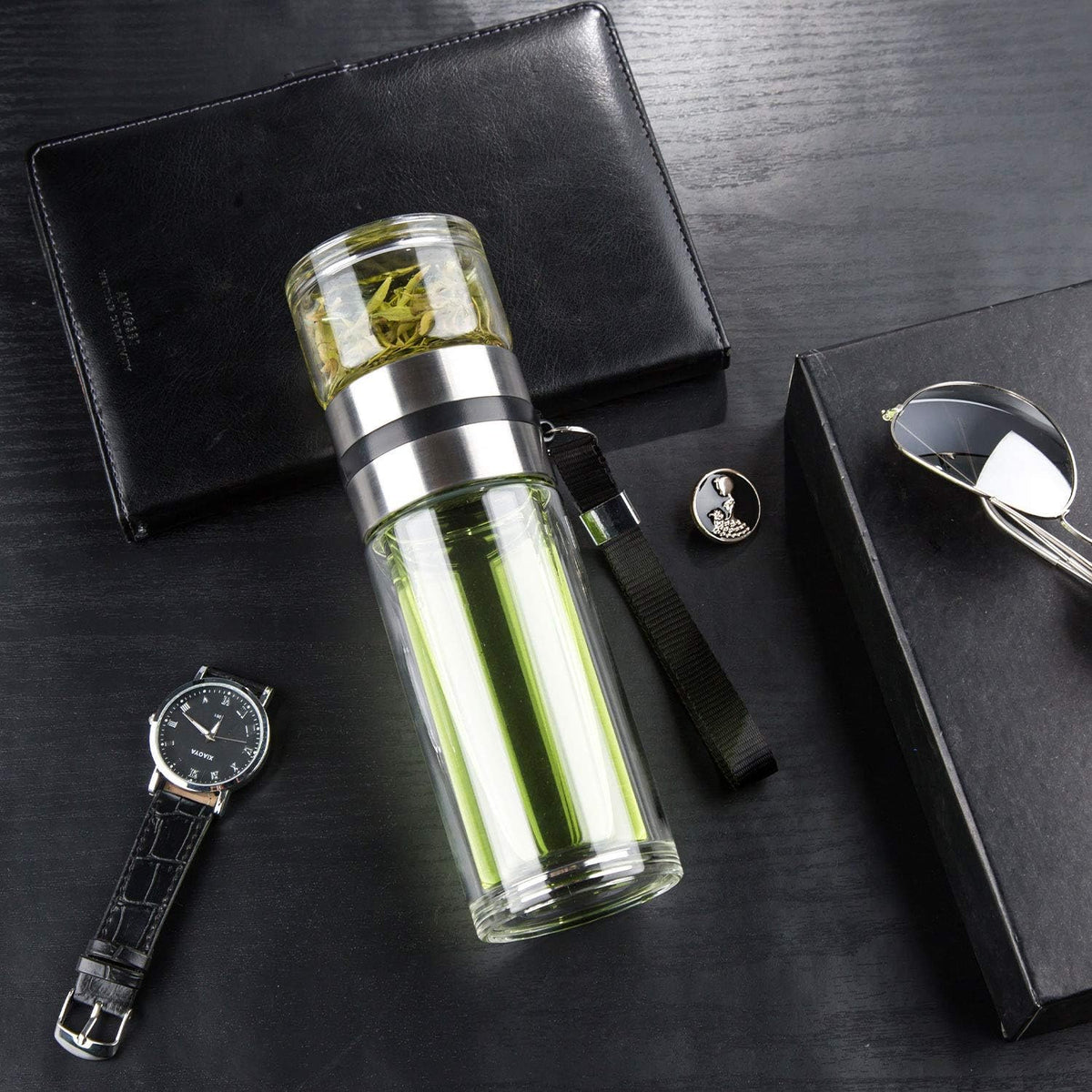 Tea Infuser Bottle,13 OZ/380ML Double Wall Glass, Leakproof
