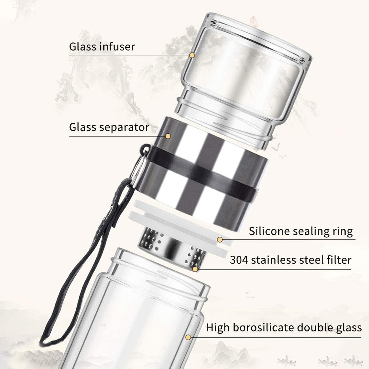 Tea Infuser Bottle,13 OZ/380ML Double Wall Glass, Leakproof