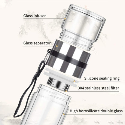 Tea Infuser Bottle,13 OZ/380ML Double Wall Glass, Leakproof