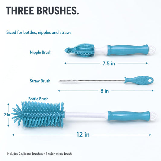 Silicone Bottle Brush Set, 12" Long Handle, Nipple and Straw Brushes