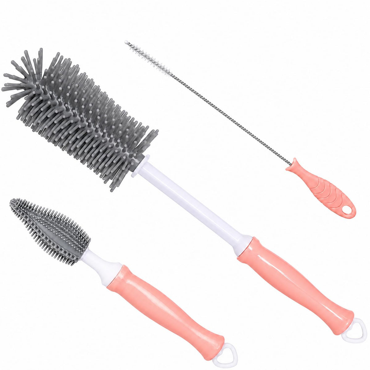 Silicone Bottle Brush Set, 12" Long Handle, Nipple and Straw Brushes
