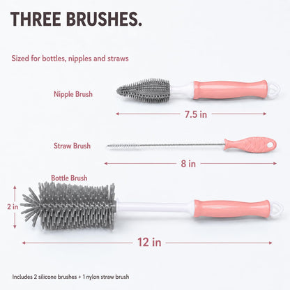Silicone Bottle Brush Set, 12" Long Handle, Nipple and Straw Brushes