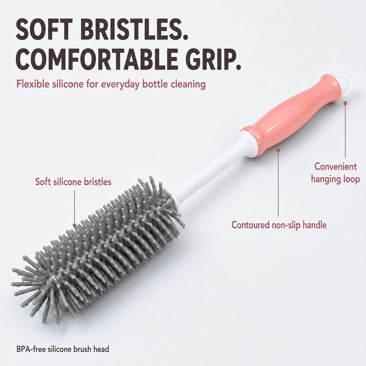 Silicone Bottle Brush Set, 12" Long Handle, Nipple and Straw Brushes