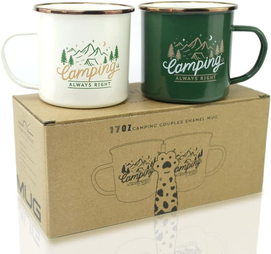 Camping Gifts Camping Mugs Set of 2 Travel Holiday Enamel Coffee Cup 17OZ Big Capacity 304SS Golden Rim for Drinking Outdoor Couples Anniversary Wedding Christmas Valentines Day His and Hers