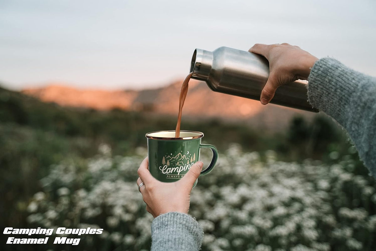 Camping Gifts Camping Mugs Set of 2 Travel Holiday Enamel Coffee Cup 17OZ Big Capacity 304SS Golden Rim for Drinking Outdoor Couples Anniversary Wedding Christmas Valentines Day His and Hers