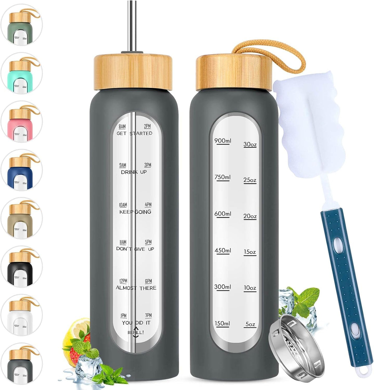 32 oz Glass Water Bottle with Straw - Motivational Time Marker & Silicone Sleeve - Reusable Tumbler Includes 2 Bamboo Lids & Fruit Infuser - 1 Pack