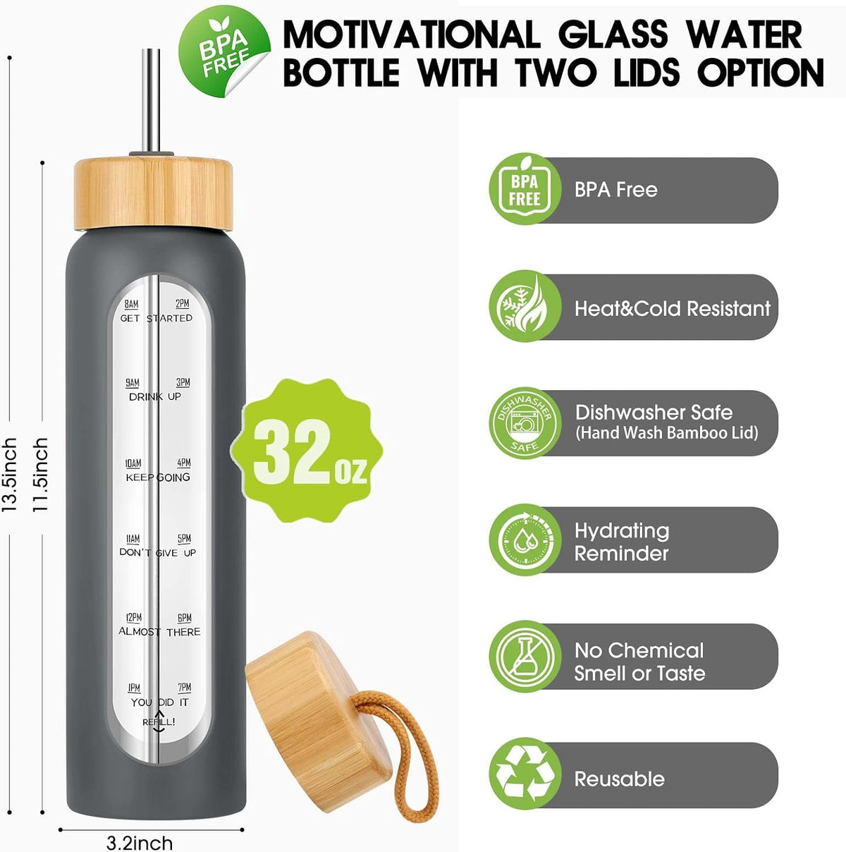 32 oz Glass Water Bottle with Straw - Motivational Time Marker & Silicone Sleeve - Reusable Tumbler Includes 2 Bamboo Lids & Fruit Infuser - 1 Pack