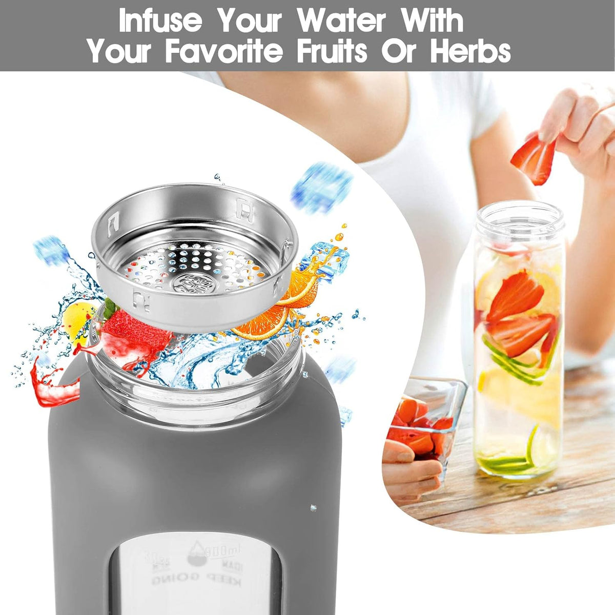 32 oz Glass Water Bottle with Straw - Motivational Time Marker & Silicone Sleeve - Reusable Tumbler Includes 2 Bamboo Lids & Fruit Infuser - 1 Pack