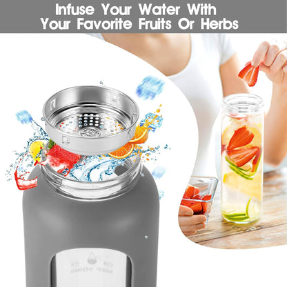 32 oz Glass Water Bottle with Straw - Motivational Time Marker & Silicone Sleeve - Reusable Tumbler Includes 2 Bamboo Lids & Fruit Infuser - 1 Pack