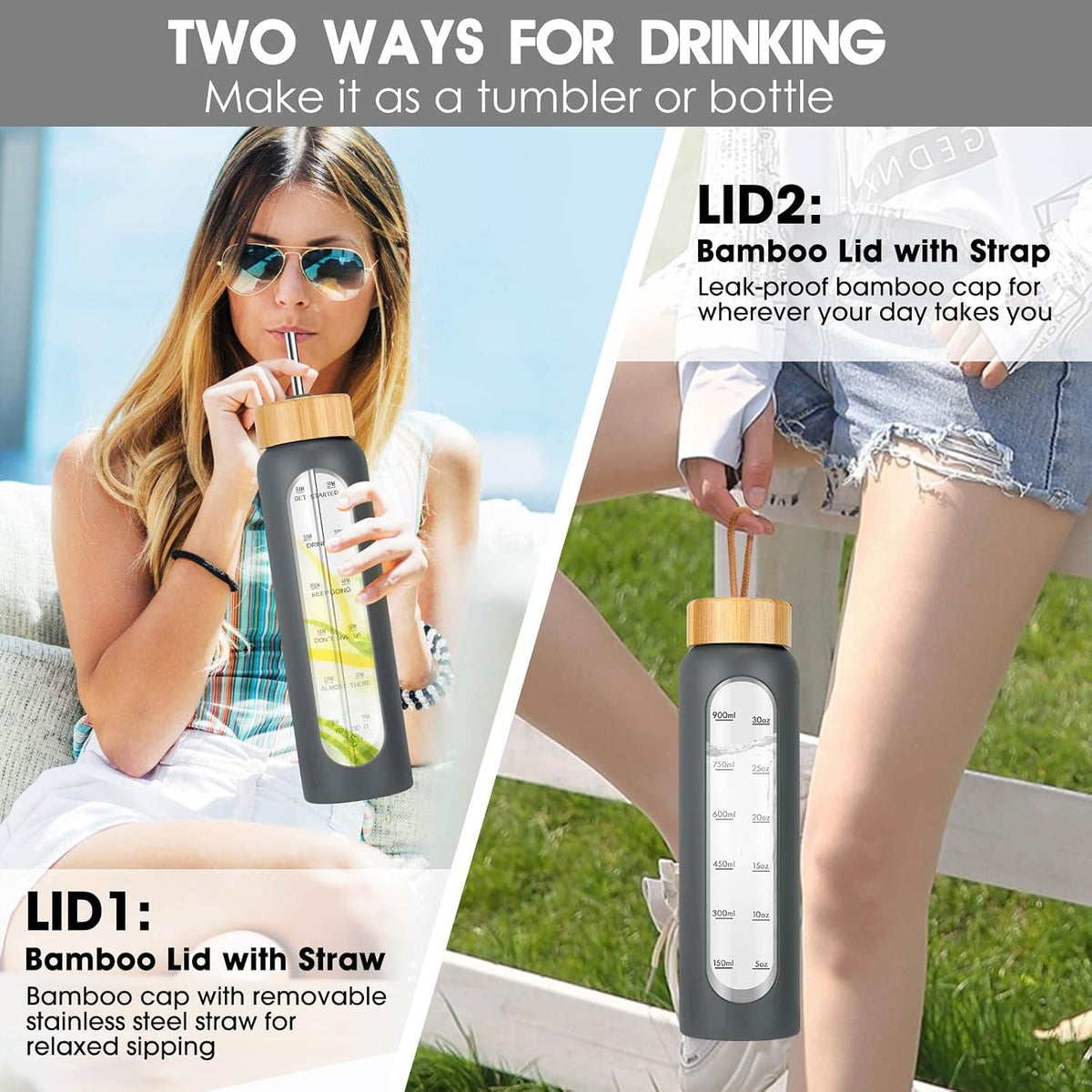 32 oz Glass Water Bottle with Straw - Motivational Time Marker & Silicone Sleeve - Reusable Tumbler Includes 2 Bamboo Lids & Fruit Infuser - 1 Pack