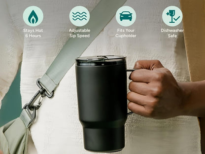 18 oz Insulated Coffee Mug with Handle & Flow Motion Lid, 18/8 Stainless Steel Vacuum Travel Tumbler, Cup Holder Friendly, Keeps Hot 6 Hours，Black