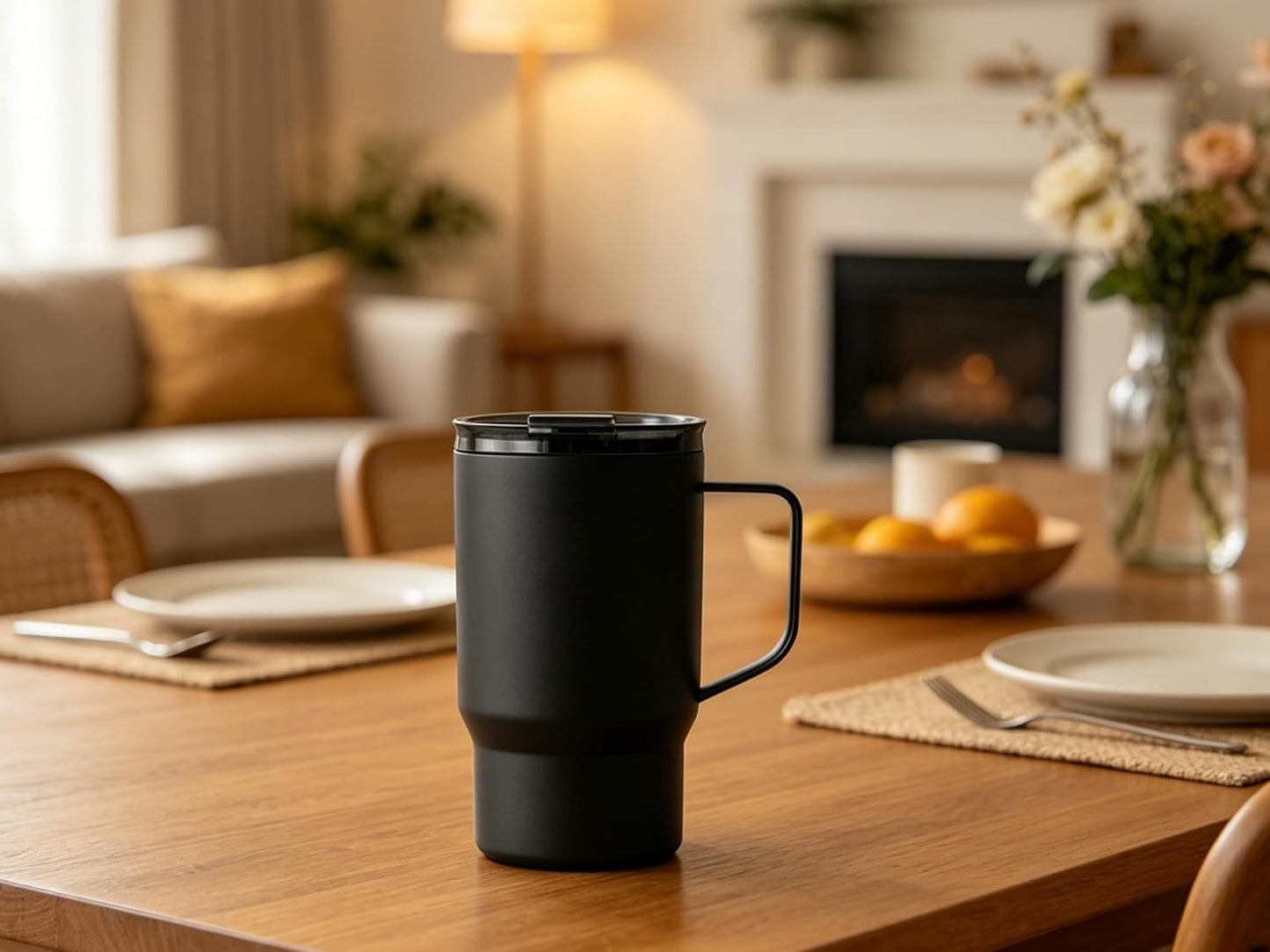 18 oz Insulated Coffee Mug with Handle & Flow Motion Lid, 18/8 Stainless Steel Vacuum Travel Tumbler, Cup Holder Friendly, Keeps Hot 6 Hours，Black