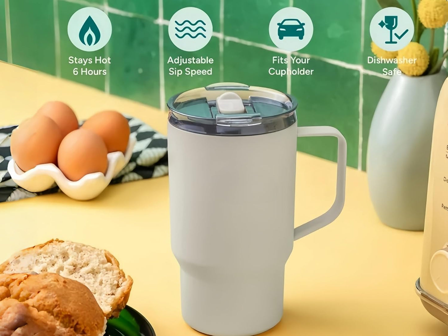 18 oz Insulated Coffee Mug with Handle & Flow Motion Lid, 18/8 Stainless Steel Vacuum Travel Tumbler, Cup Holder Friendly, Keeps Hot 6 Hours，Black