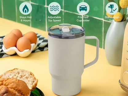 18 oz Insulated Coffee Mug with Handle & Flow Motion Lid, 18/8 Stainless Steel Vacuum Travel Tumbler, Cup Holder Friendly, Keeps Hot 6 Hours，Black