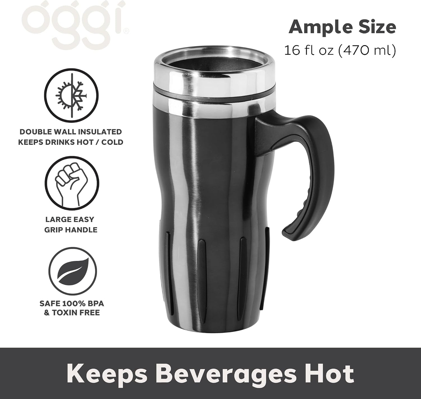 Multigrip Stainless Steel Thermal Travel Mug - 16oz, with slide open lid for hot and cold beverages.
