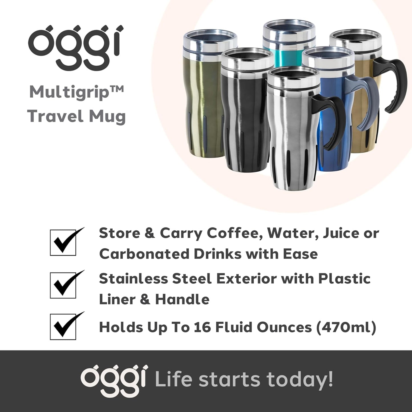Multigrip Stainless Steel Thermal Travel Mug - 16oz, with slide open lid for hot and cold beverages.