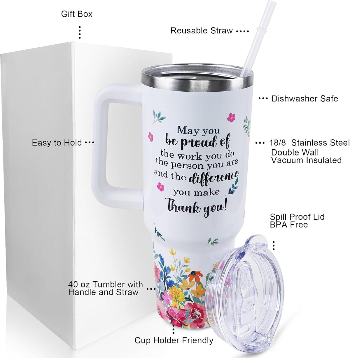 40 oz Tumbler with Handle and Straw Lid Leak Proof