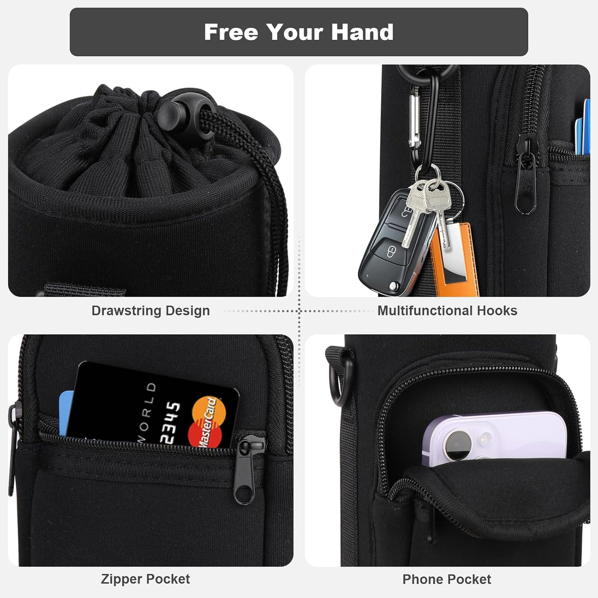 Crossbody Water Bottle Holder with Strap, Phone Pocket(Black, 32.0, Ounces)