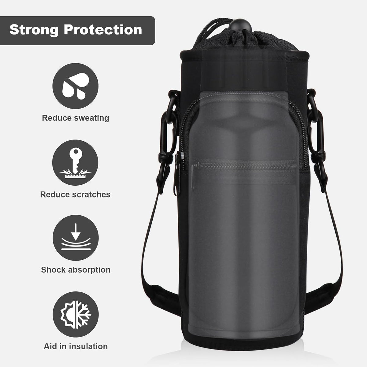 Crossbody Water Bottle Holder with Strap, Phone Pocket(Black, 32.0, Ounces)