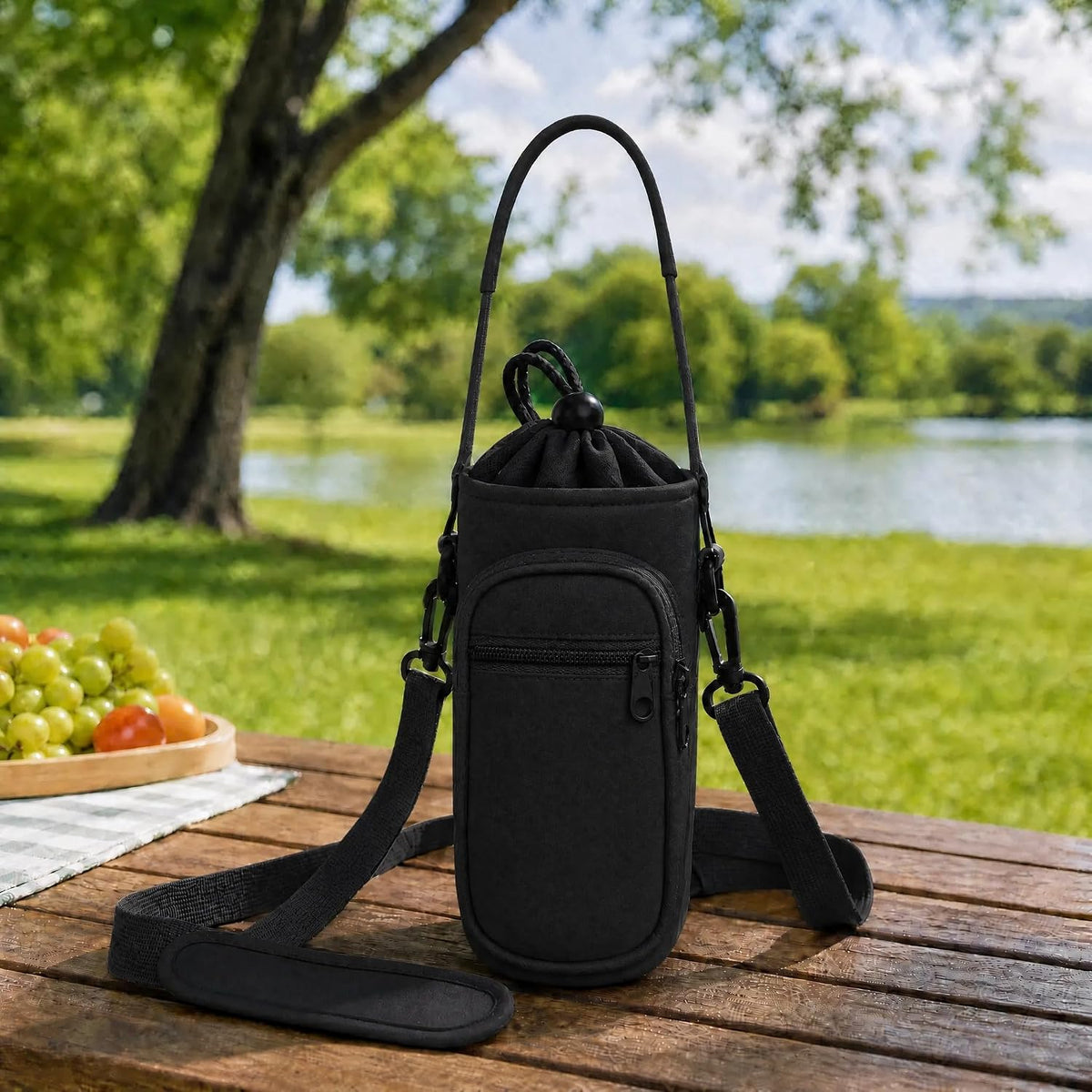 Crossbody Water Bottle Holder with Strap, Phone Pocket(Black, 32.0, Ounces)
