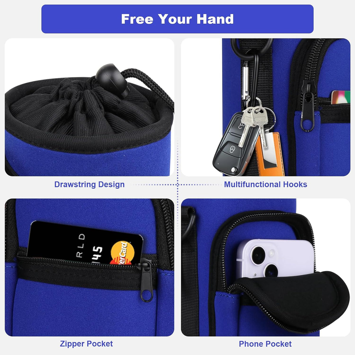 Crossbody Water Bottle Holder with Strap, Phone Pocket(Black, 32.0, Ounces)
