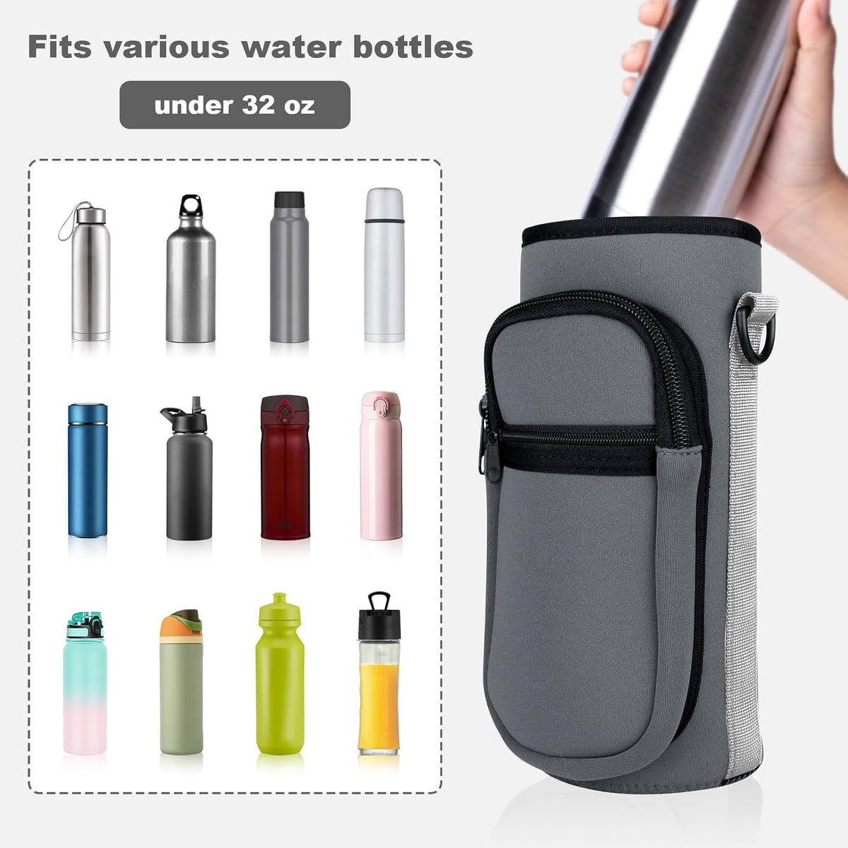 Crossbody Water Bottle Holder with Strap, Phone Pocket(Black, 32.0, Ounces)