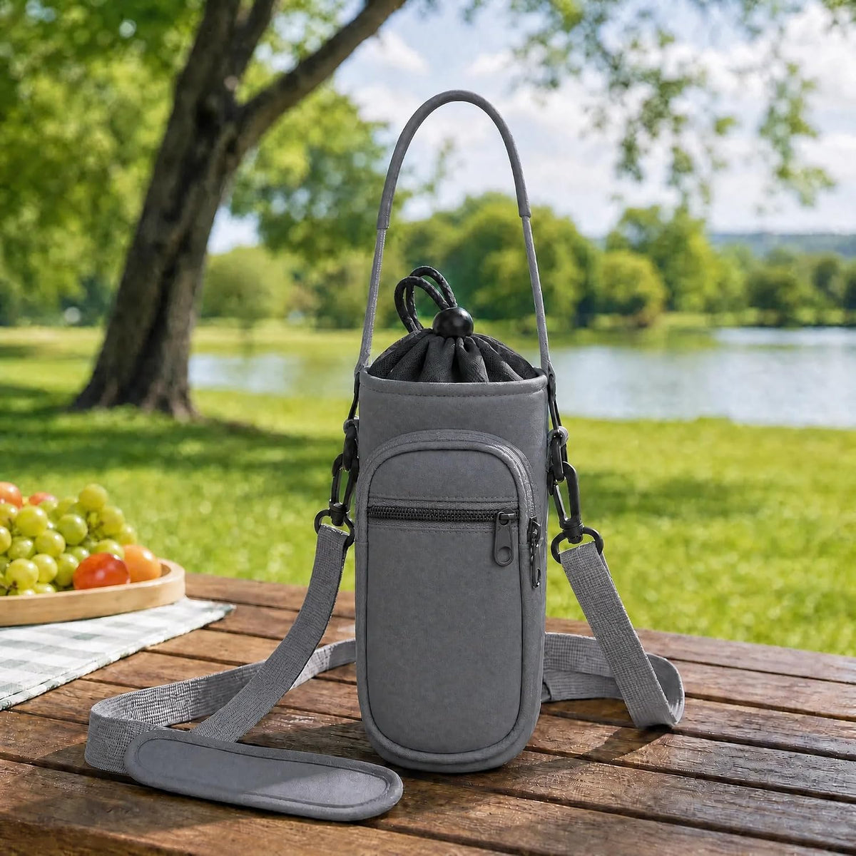 Crossbody Water Bottle Holder with Strap, Phone Pocket(Black, 32.0, Ounces)