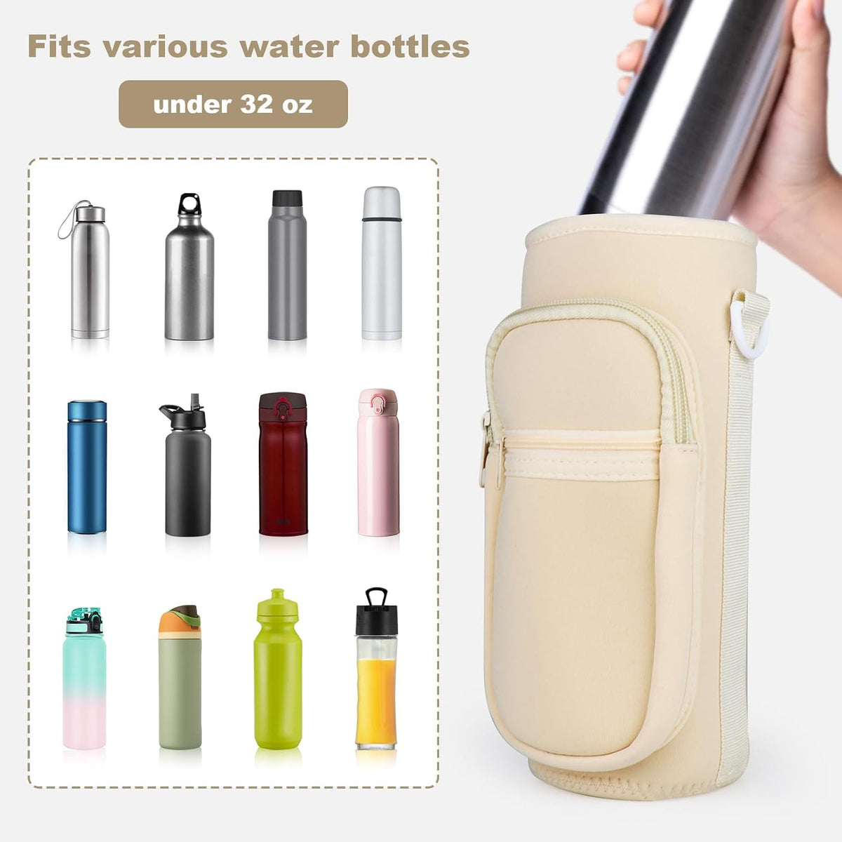 Crossbody Water Bottle Holder with Strap, Phone Pocket(Black, 32.0, Ounces)