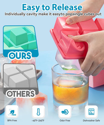 Large Ice Cube Tray 2 Pack, 2 Inch Silicone Ice Cube Molds for Whisky