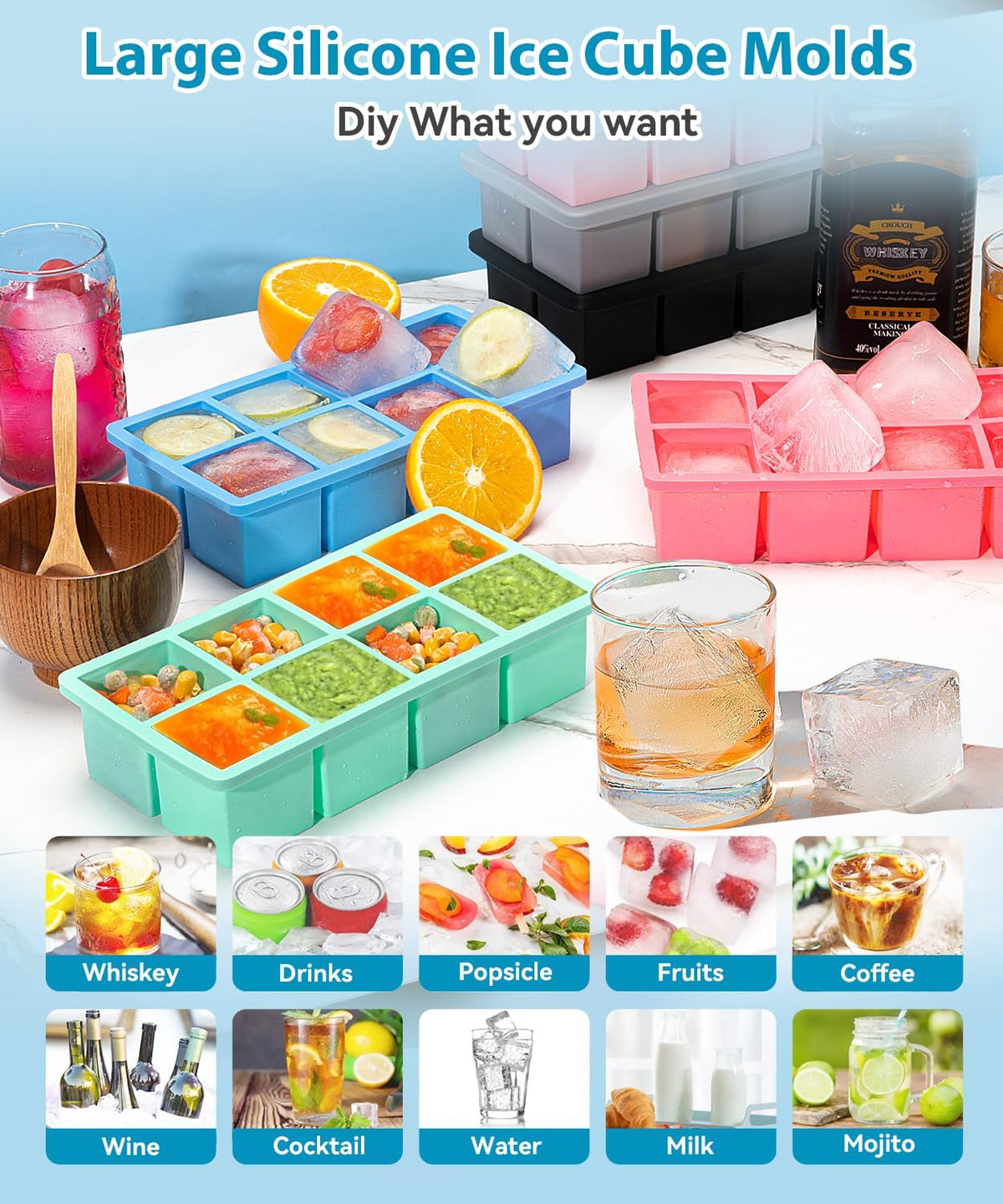 Large Ice Cube Tray 2 Pack, 2 Inch Silicone Ice Cube Molds for Whisky