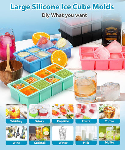 Large Ice Cube Tray 2 Pack, 2 Inch Silicone Ice Cube Molds for Whisky